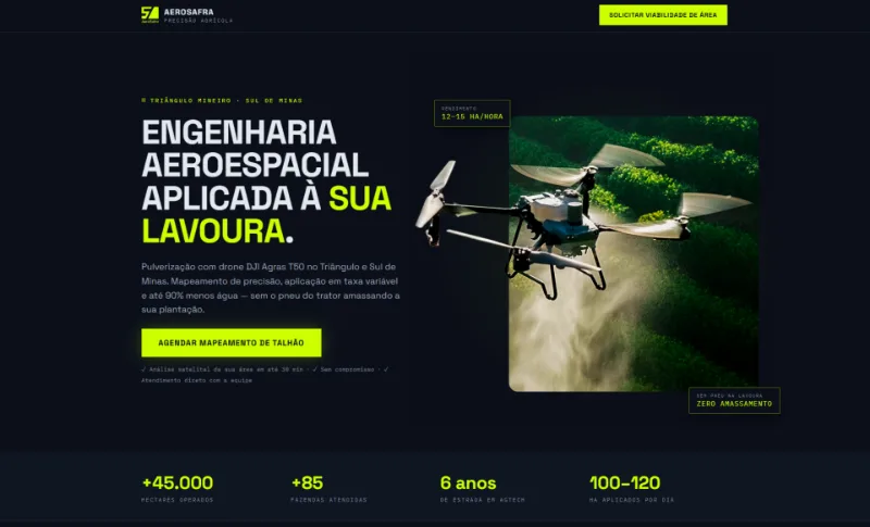 Site da AeroSafra, pulverização agrícola com drone